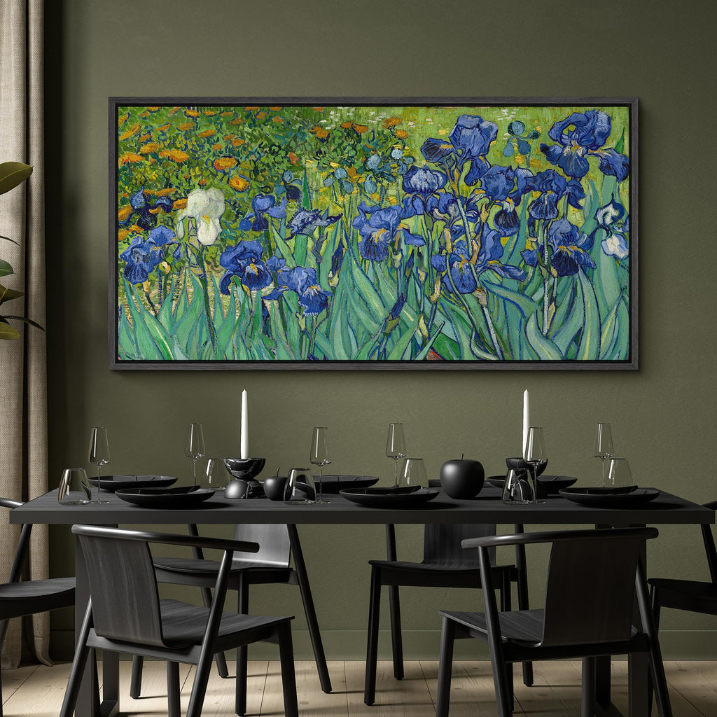 Extra Large Framed Canvas Print Wall Art Blue Irises Garden Van Gogh Inspired Floral Retro Fine Art Illustrations