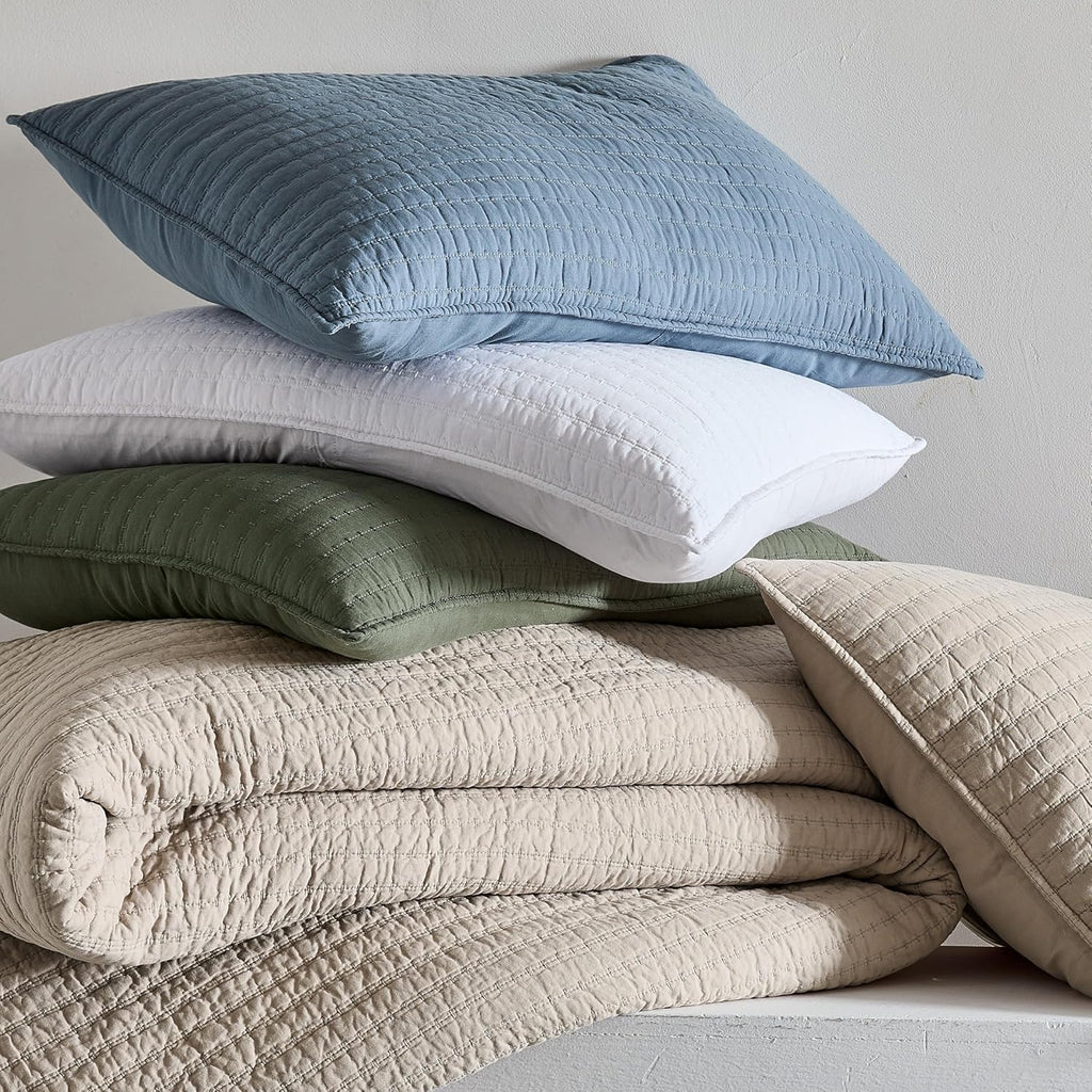 100% Cotton Oversized King Quilt Set - Beige California Cal King Striped Pick Stitch Soft Lightweight Bedspread