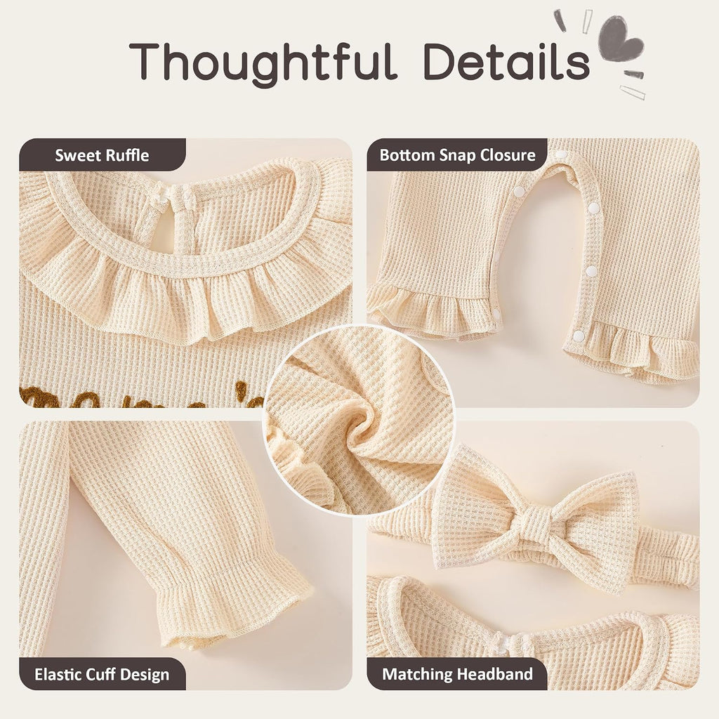 2 Piece Long Sleeve Ruffle Jumpsuit,Baby Girl Waffle Romper with Headband