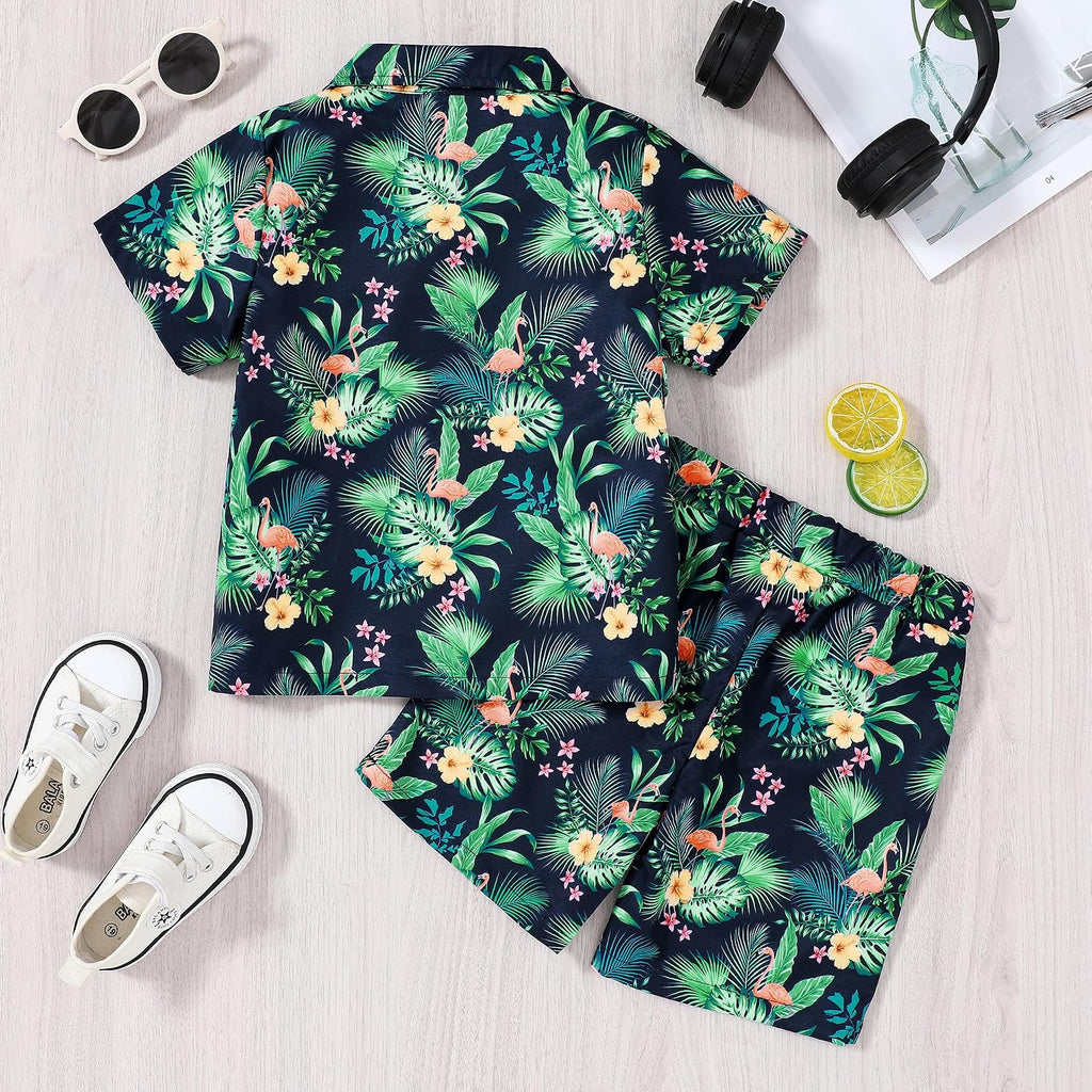 Boys Hawaiian Outfit 2Pcs Set Summer Beach Button-Down Shirt Top + Shorts for Kids
