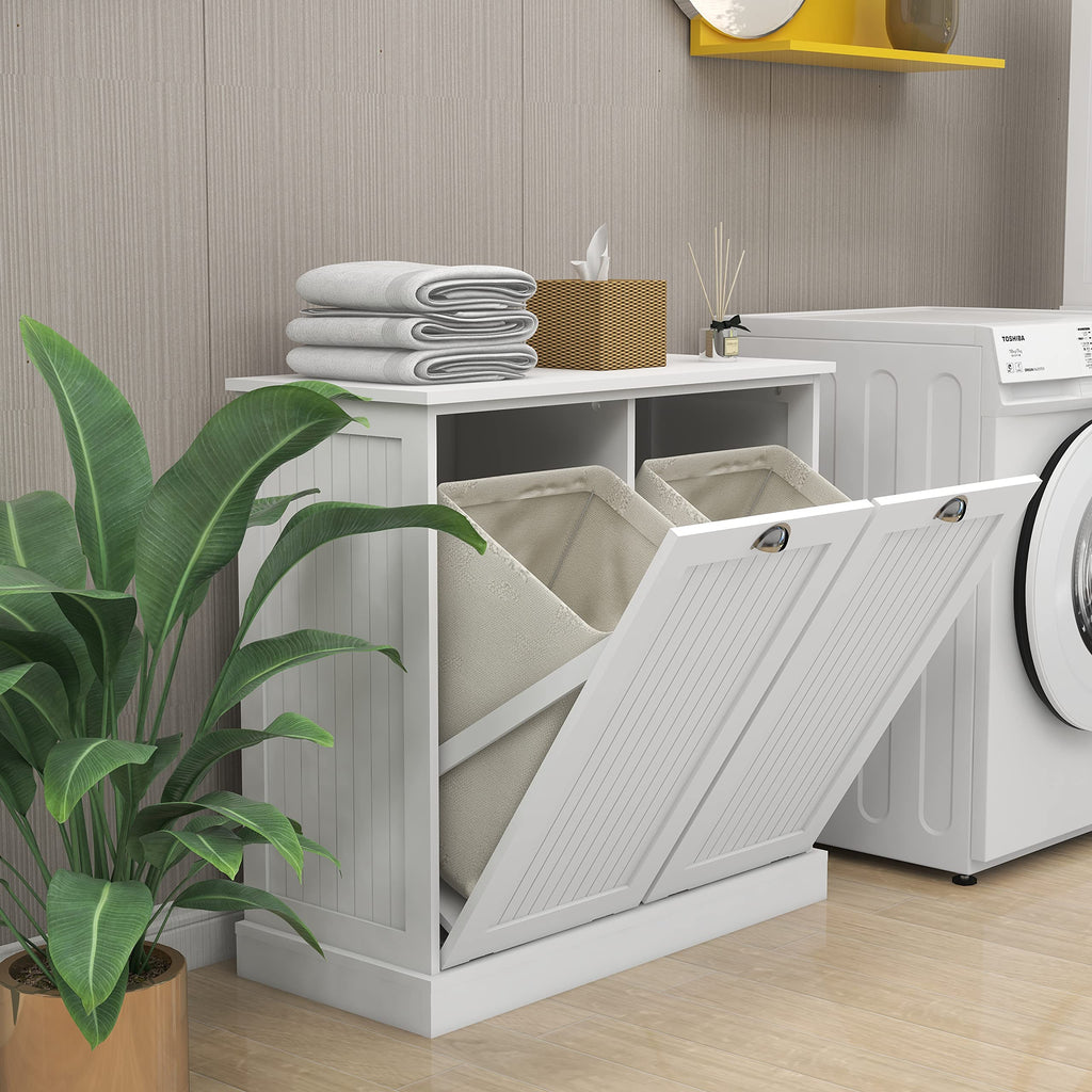 Tilt Out Laundry Hamper Cabinet with Removable Basket, Double Hidden Laundry Hamper, Wood Bathroom Storage, Free