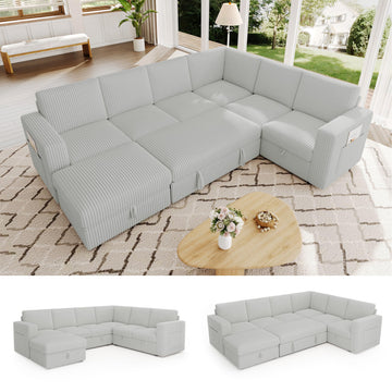 Sectional Sleeper Sofa, Pull Out Couch with Storage, Pale Gray, 7 Seat