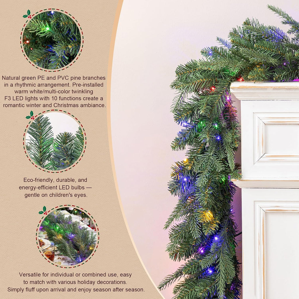 3 Pack 32"D Pre-Lit Artificial Christmas Wreath, Greenery Pine Wreath and Matching Set of 2 9ft Christmas Garlands