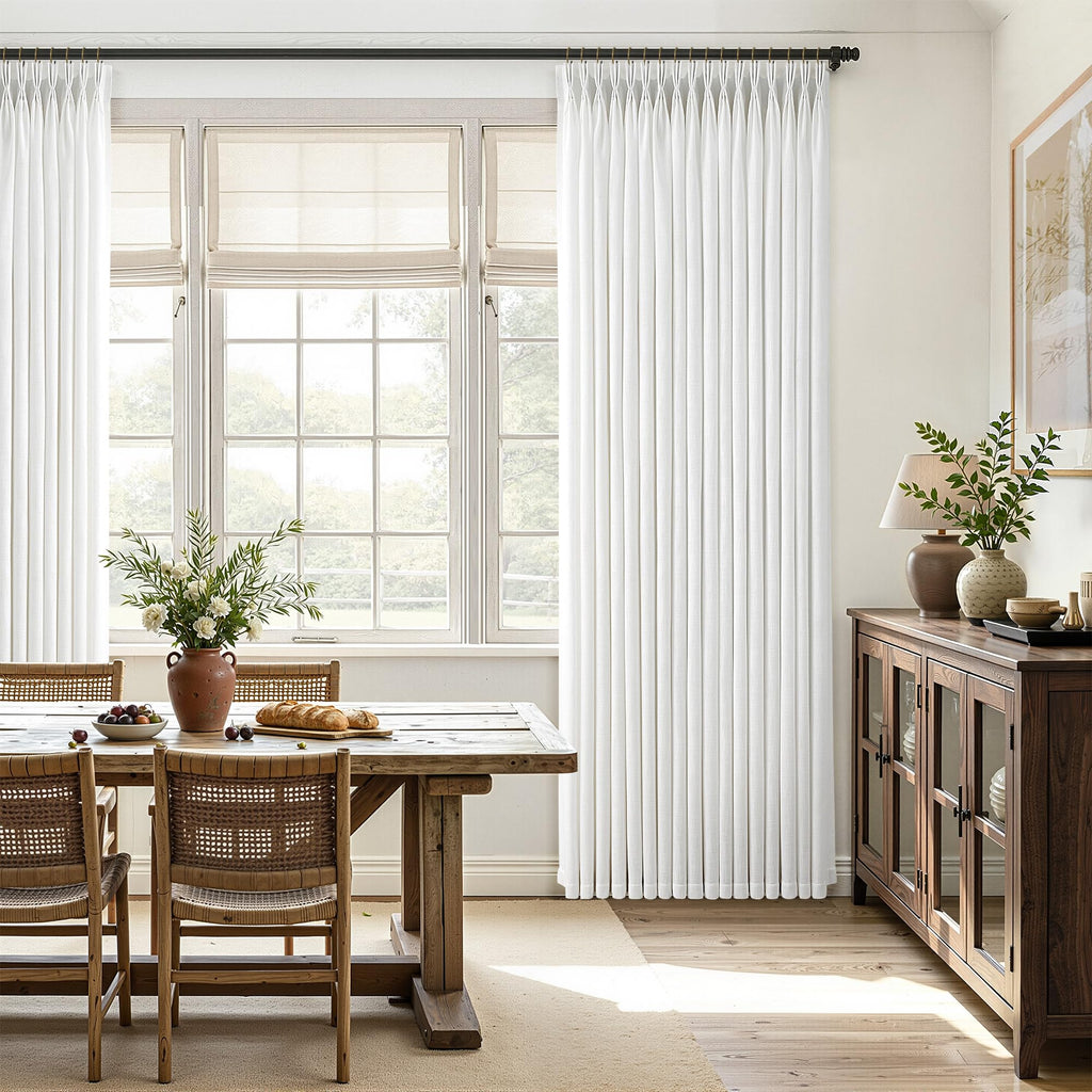 Beige White Triple Pinch Pleated Curtains 90 Inch 2 Panels Bedroom Memory Shape Trained Pleated Linen Drapes Ivory