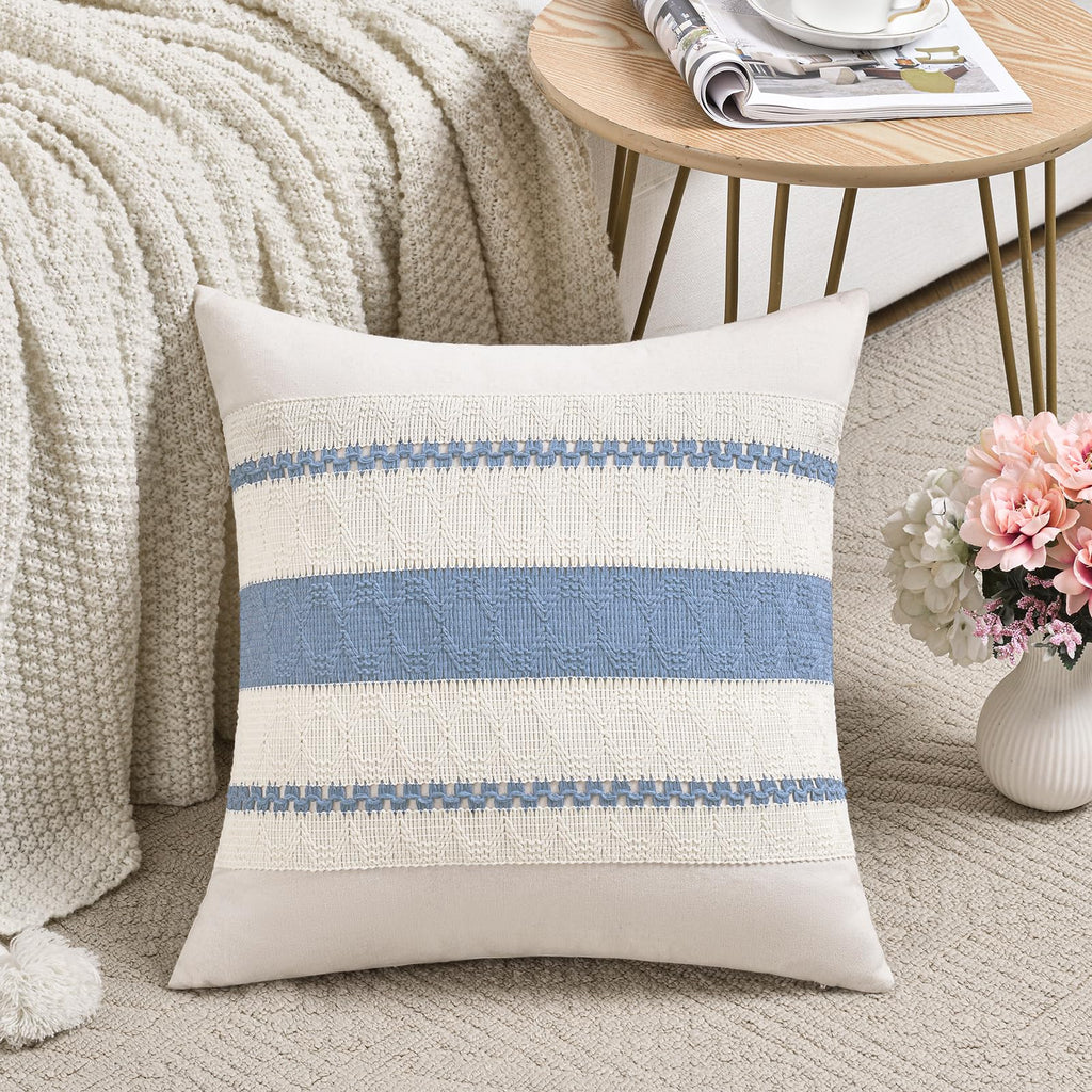 Set of 2 Boho Light Blue Decorative Throw Pillow Cover 22x22 Inch for Couch Bed Sofa, Aesthetic Modern Organic