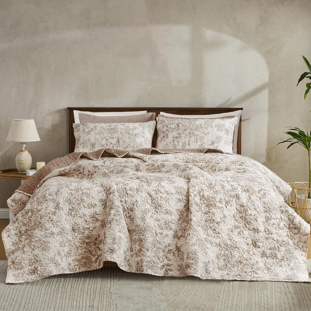 Taupe Floral Quilt Queen, Summer Cooling 3 Piece Cotton Vintage Farmhouse Bedding Set, Machine Washable Lightweight