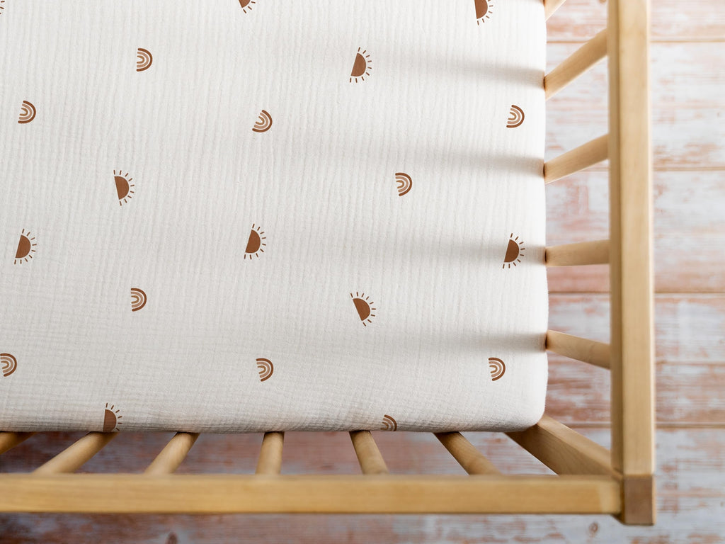 Muslin Fitted Crib Sheet, 100% Cotton, 28"x52", Sun Rainbow