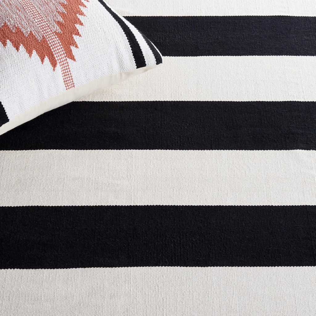 Montauk Collection Area Rug - 8' Square, Black & Ivory, Handmade Flatweave Cotton, Woven Texture, Farmhouse Stripe