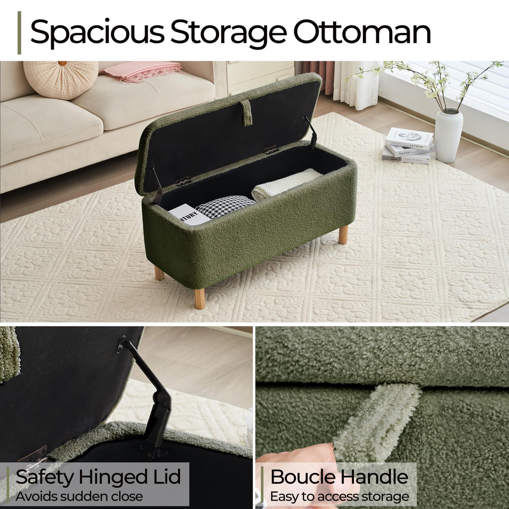Boucle Storage Ottoman Bench end of Bed, Sherpa Upholstered Shoe Seat Storage Bench Bed Foot, Rectangle Cushion