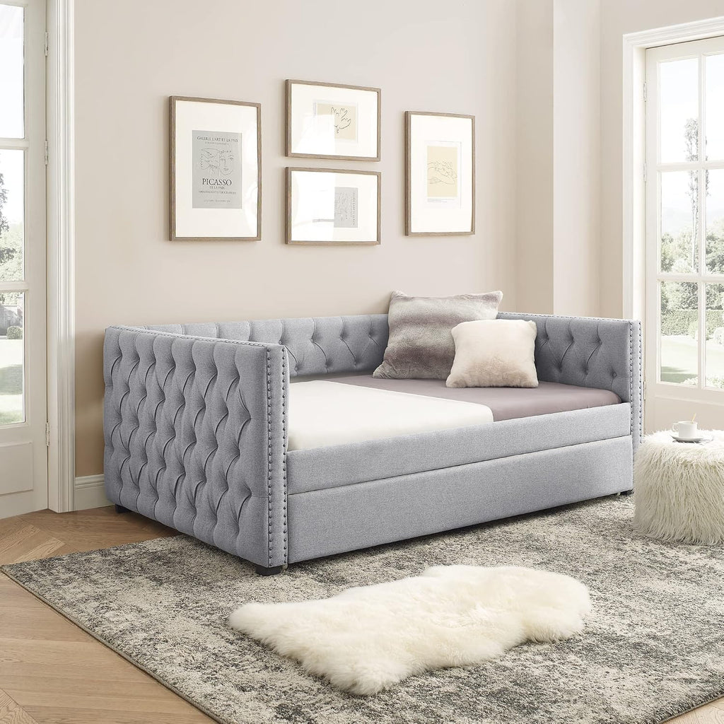 Daybed with Trundle, Modern Upholstered Full Size Day Bed Button-Tufted Sofa Daybed Frame with A Roll-Out Trundle, No