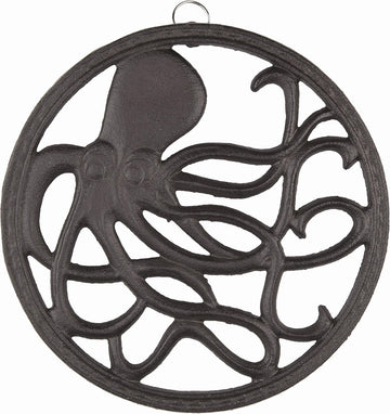 Cast Iron Trivet for Hot Dishes, Pots, and Pans, Metal Trivet, Octopus Design, Rubber Feet Caps, Ring Hanger, 8