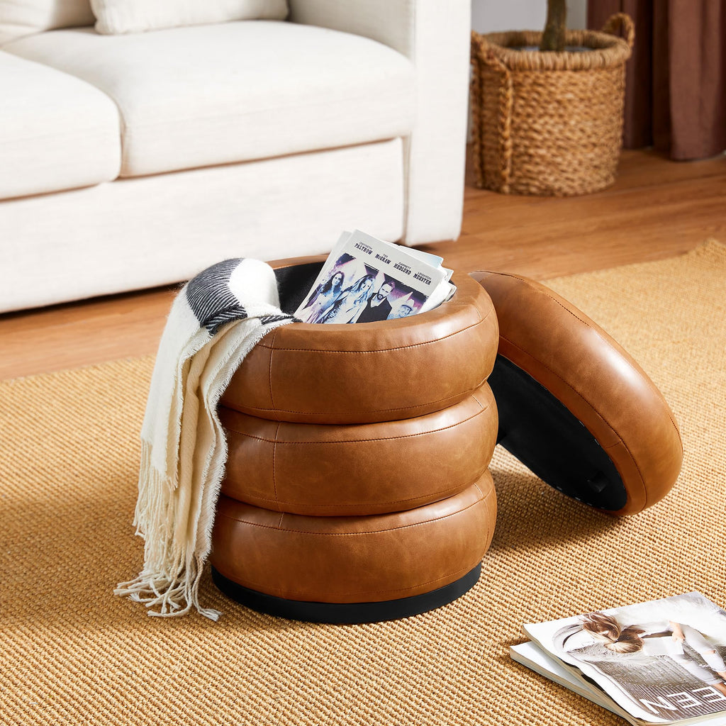 Set of 2 Modern Storage Ottomans, Upholstered PU Leather Accent Footrest Ottomans, Round Vanity Foot Stools with