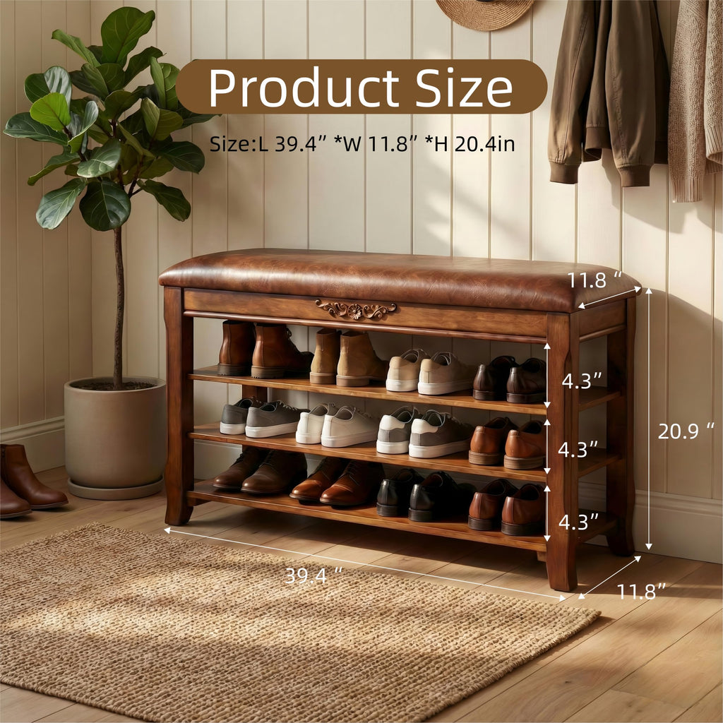 Shoe Rack Bench Entryway Storage with Leather Cushion, 39.4"