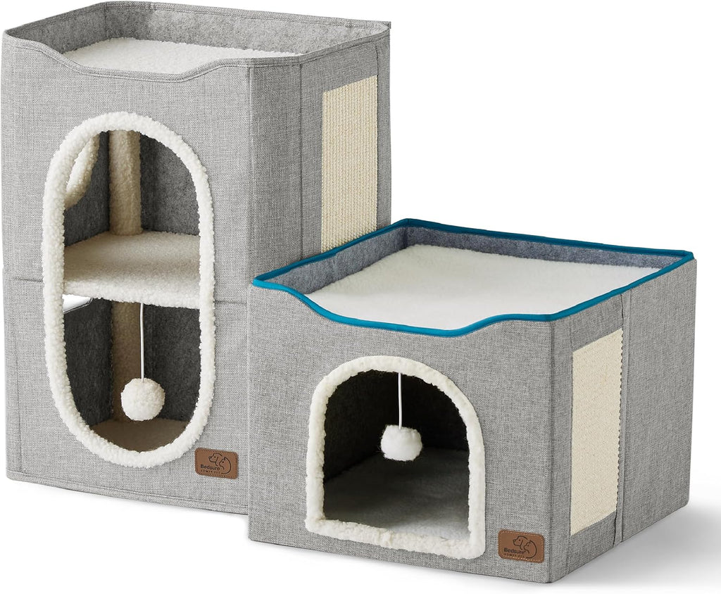 2 Story Cat House for Indoor Cats with Scratch Pad, 18x14x23 Grey