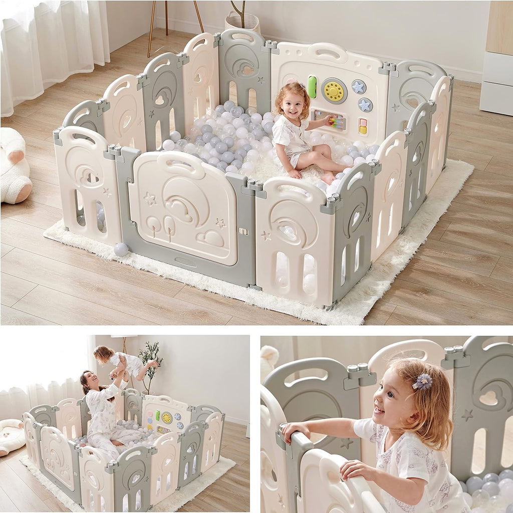Cloud Castle Large 14-Panel Baby Playpen for Babies Toddlers, Gray | Foldable Safety Play Yard Enclosure and Fence