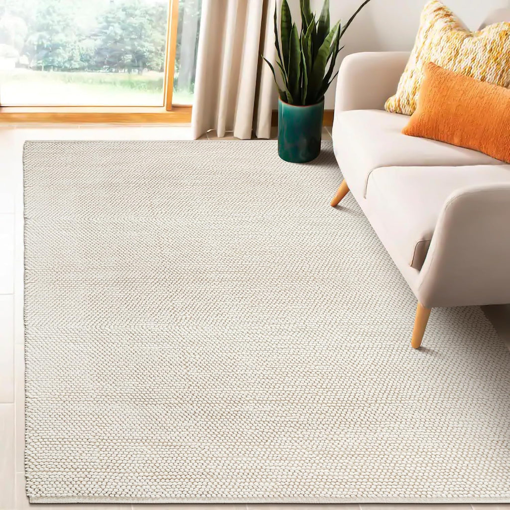 Handwoven Wool Cotton Blend Area Rug 4x6', Textured Popcorn Braided Ivory Rug, Soft Thick Farmhouse Contemporary