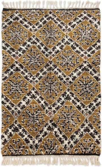 Wool Rug 6' x 9' - Handmade Berber Shag Area Rug, Ochre and Cream Traditional Diamond Pattern, Atlas Artisan Wool