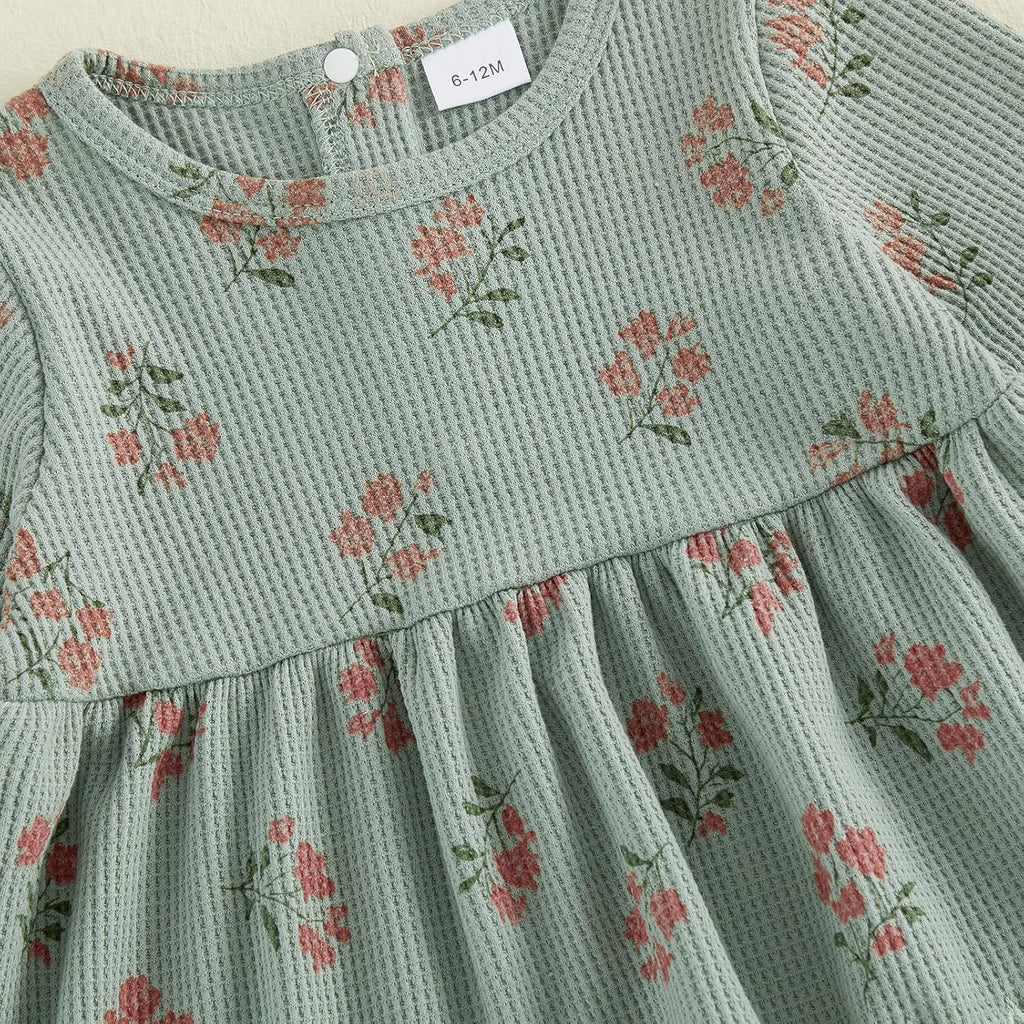 Toddler Girl Fall Winter Clothes Waffle Knit Outfits Floral Long Sleeve Scalloped Shirt Pants Baby Kids Clothing Set