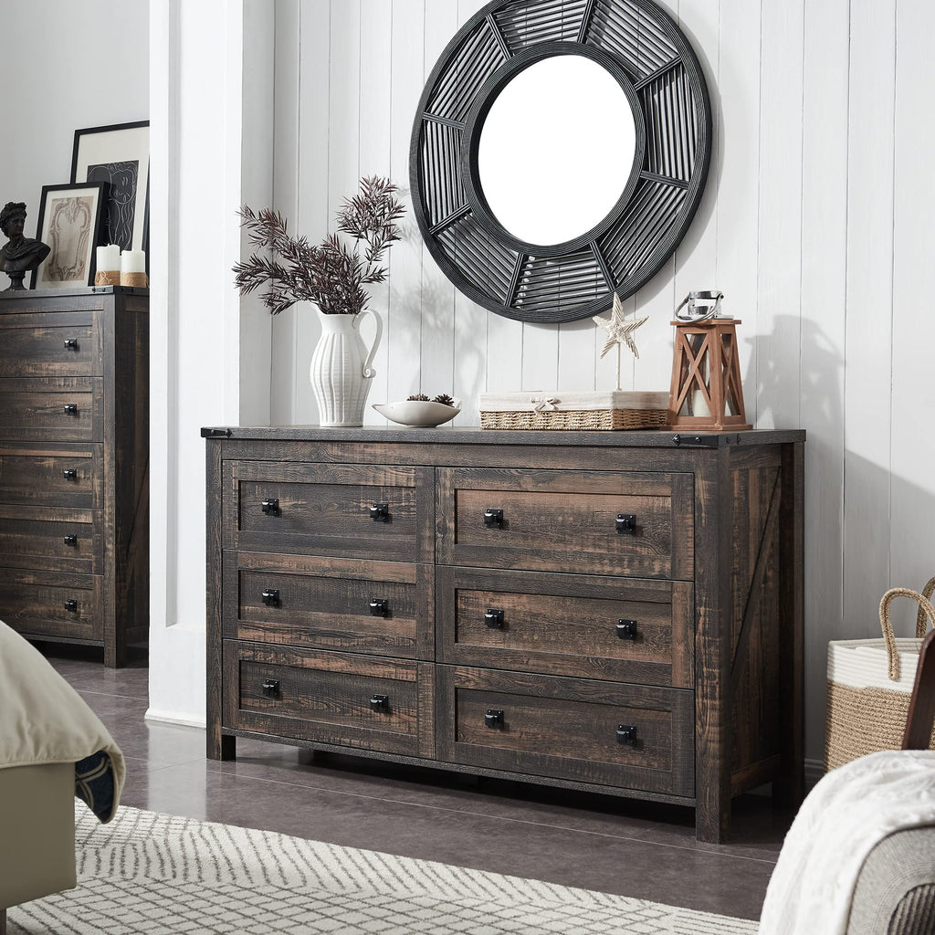 54" Wide Farmhouse 6-Drawer, Dark Rustic Oak
