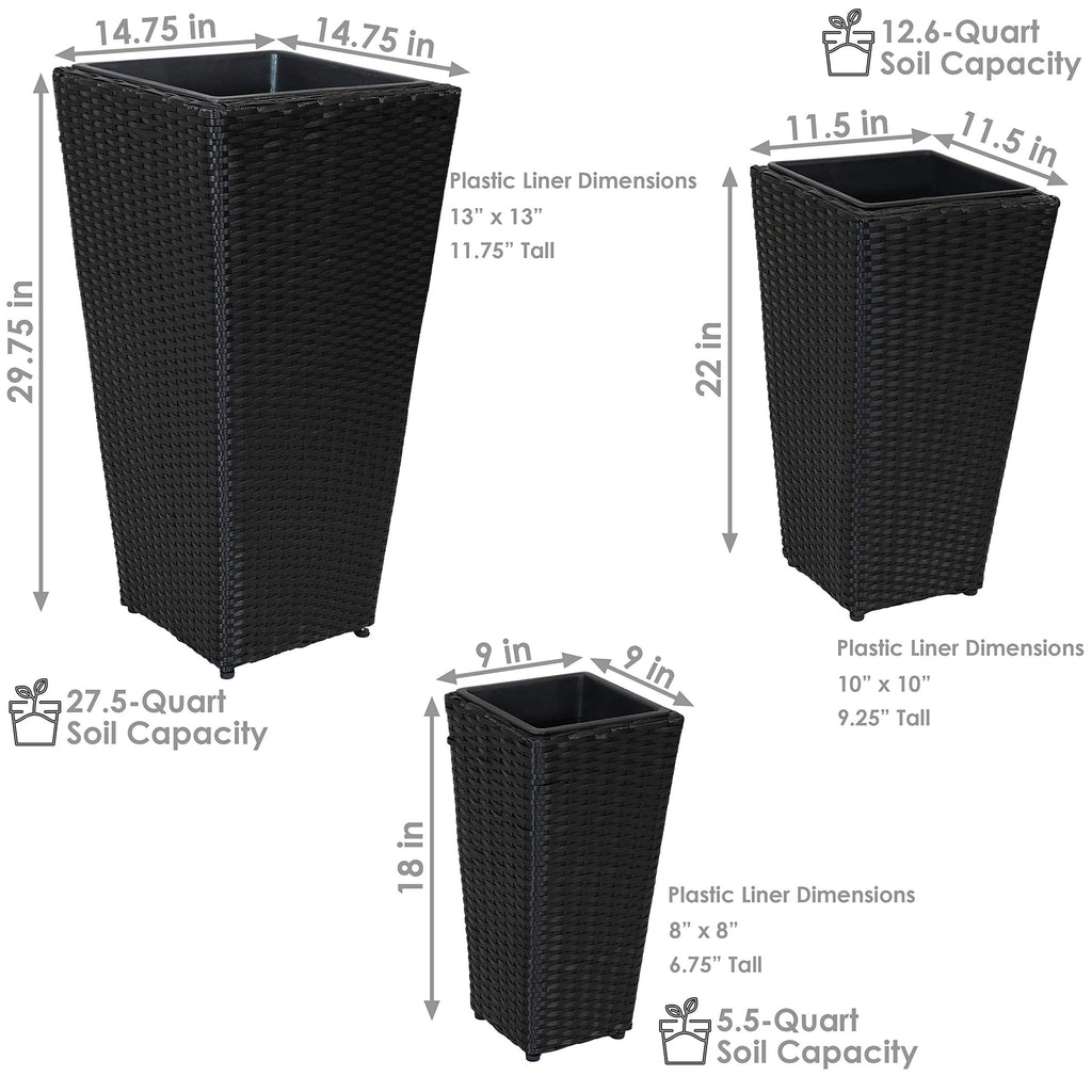 Square Tall Wicker Outdoor Planter, Black, 3pk