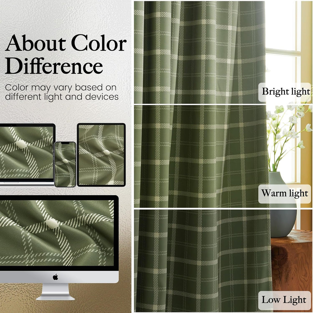 Olive Green Farmhouse Gingham Tiers Kitchen 100% Blackout Curtains 36 Inches Long, Buffalo Plaid Check Half Window