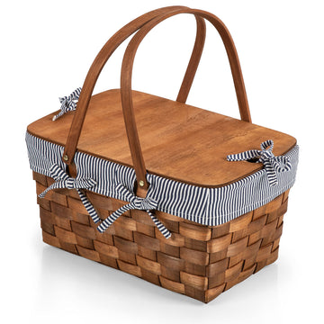 Kansas Handwoven Wood Picnic Basket, Sturdy Woven Wicker Basket with Tabletop Lid and Removable and Washable