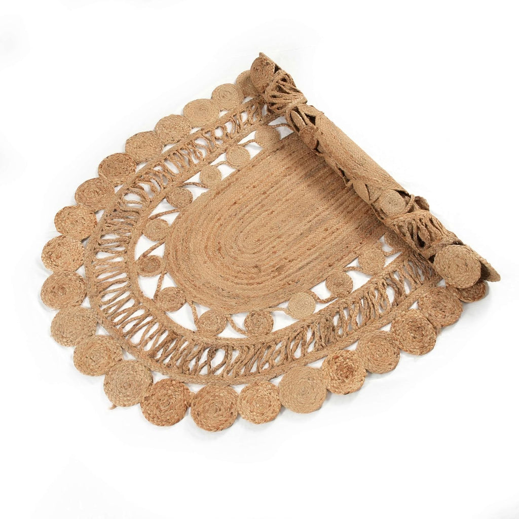 Scalloped Border Braided Jute Oval Area Rug, Natural Beige
