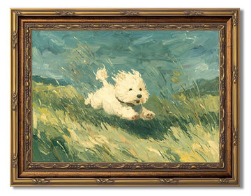 Vintage Gold Framed Funny Dog Canvas Wall Art White Dog Running in Grass Wall Decor Picture Animal Portraits Pet