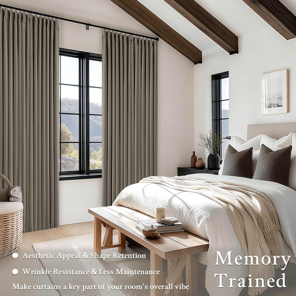 Dark Taupe 96 Inch Blackout Pinch Pleated Curtains 2 Panel Set for Living Room Darkening Thick Linen Textured 100%