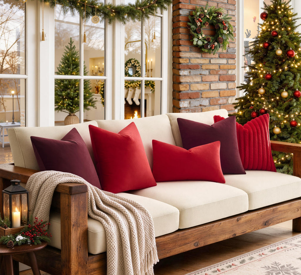 Pack of 2 Christmas Red Pillow Covers 20x20 Inch Decorative Faux Fur Throw Pillow Cover, Soft Lumbar Plush