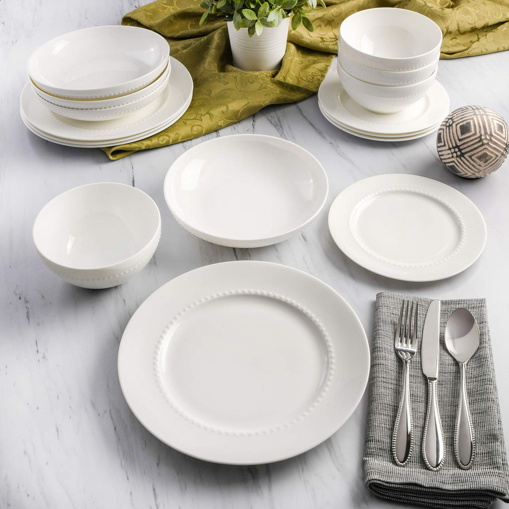 Embossed Bone China 16-Piece Double Bowl Dinnerware Set, Service for 4 - White Elegant Plates and Bowls