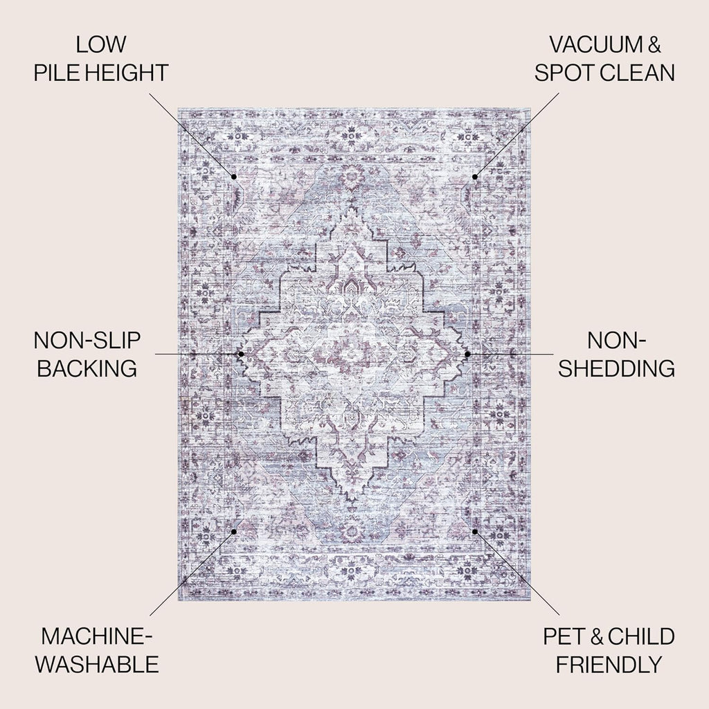 Machine Washable Gray/Purple Round Area Rug 8 ft, Didim Boho Medallion, Easy-Cleaning, High Traffic, Pet-Friendly