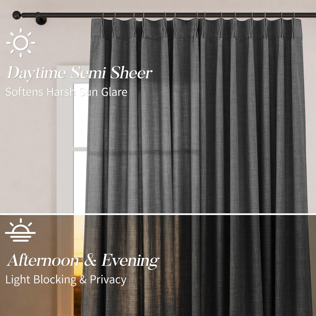 Pinch Pleat Dark Grey Linen Curtains - Boho Light Filtering Privacy 100 Inches Long Ceiling Floor Pleated Curtain
