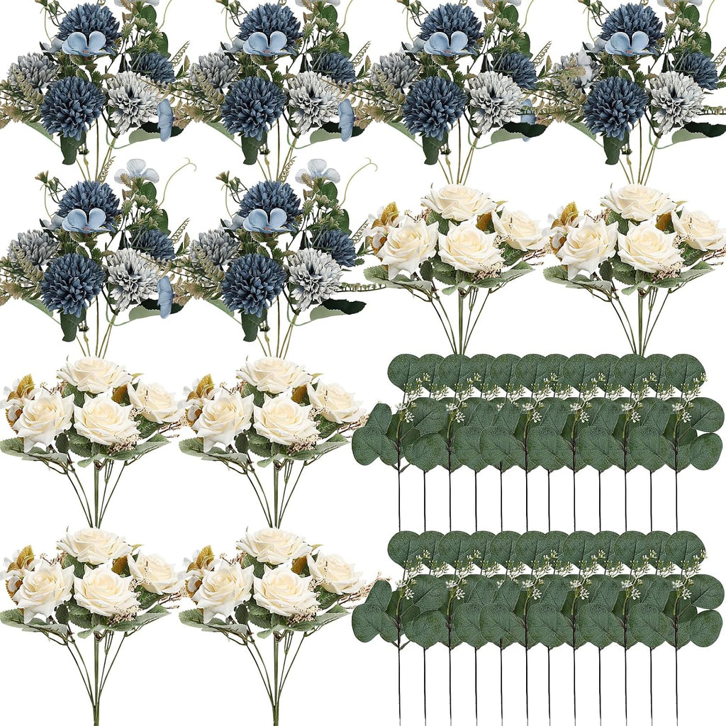 Artificial Mum Flowers 12 Bundles Silk Chrysanthemum Flowers Fake Roses Peonies with Eucalyptus, Realistic Faux
