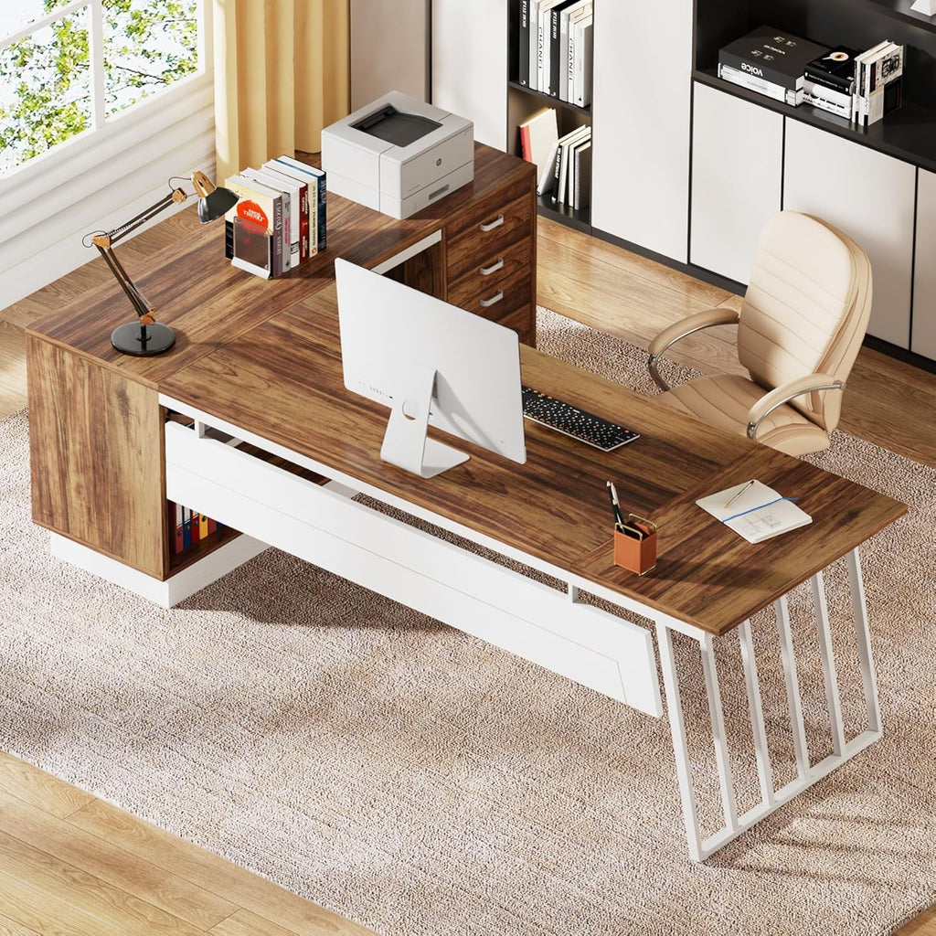 71-Inch Executive Desk, L-Shaped Desk with Cabinet, Large Office Desk with Drawers and Storage Shelves