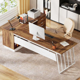 71-Inch Executive Desk, L-Shaped Desk with Cabinet, Large Office Desk with Drawers and Storage Shelves