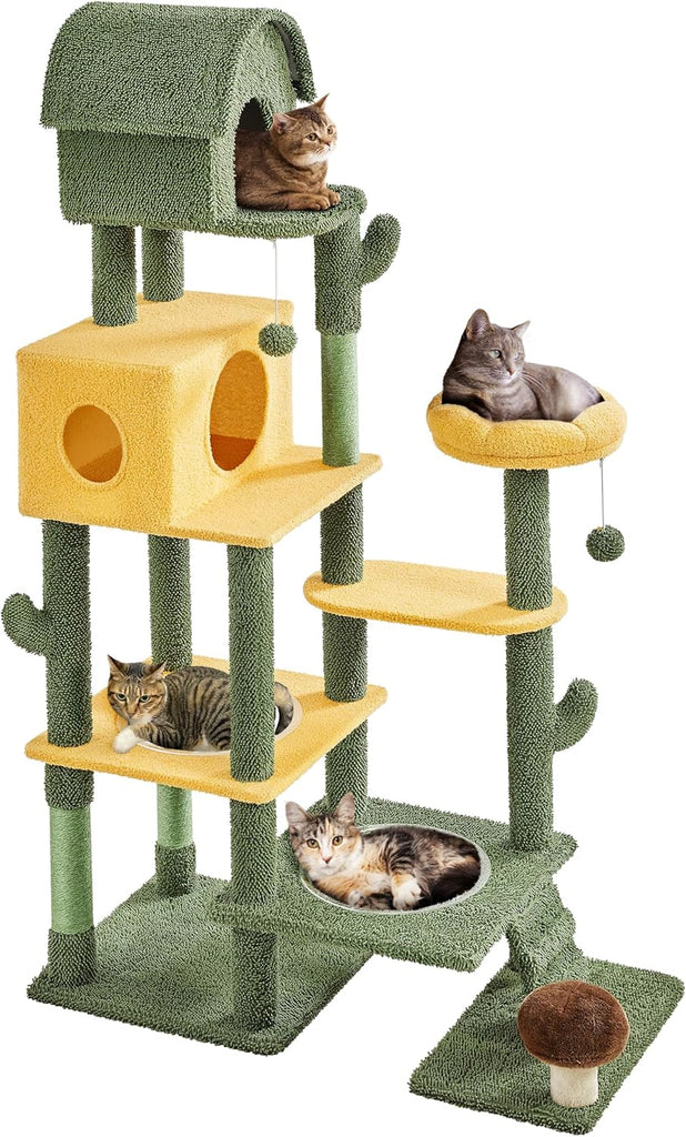 68.5in Tall Cactus Cat Tree, Multi-Level Tower with 2 Large Condos, Scratching Posts, 2 Acrylic Clear Bowls