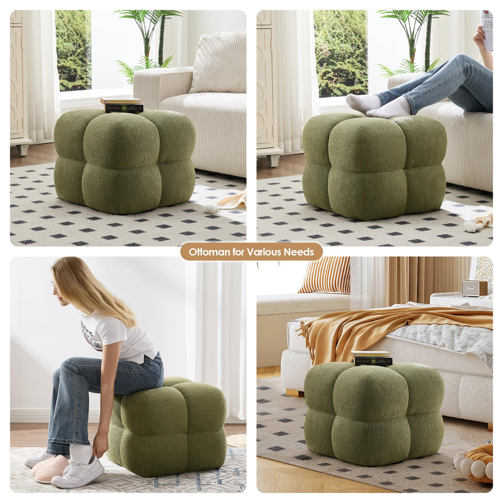 Olive Green‌ Modern Ottoman, 21" Square Fuzzy Couch Sherpa Pouf Ottoman, Tufted Cute Boucle Fabric Foot Stools
