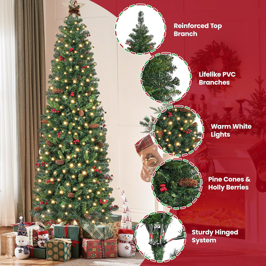 7.5ft Pre-lit Pencil Spruce Christmas Tree, Artificial Slim Xmas Fir, Pre-Decorated , Party, Holiday Decor W/ 948