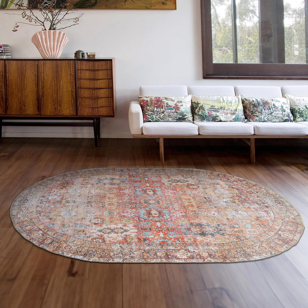 Machine Washable Distressed Transitional Oval Rug Multi 5' x 7'