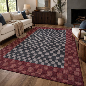 Checkerboard Washable Non-Slip Area Rug, Dark Gray/Red