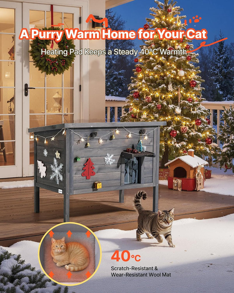 Heated Outdoor Cat House, Insulated Wooden Cat House for Cats, Waterproof Feral Kitty Shelter with Heating Pad, PVC