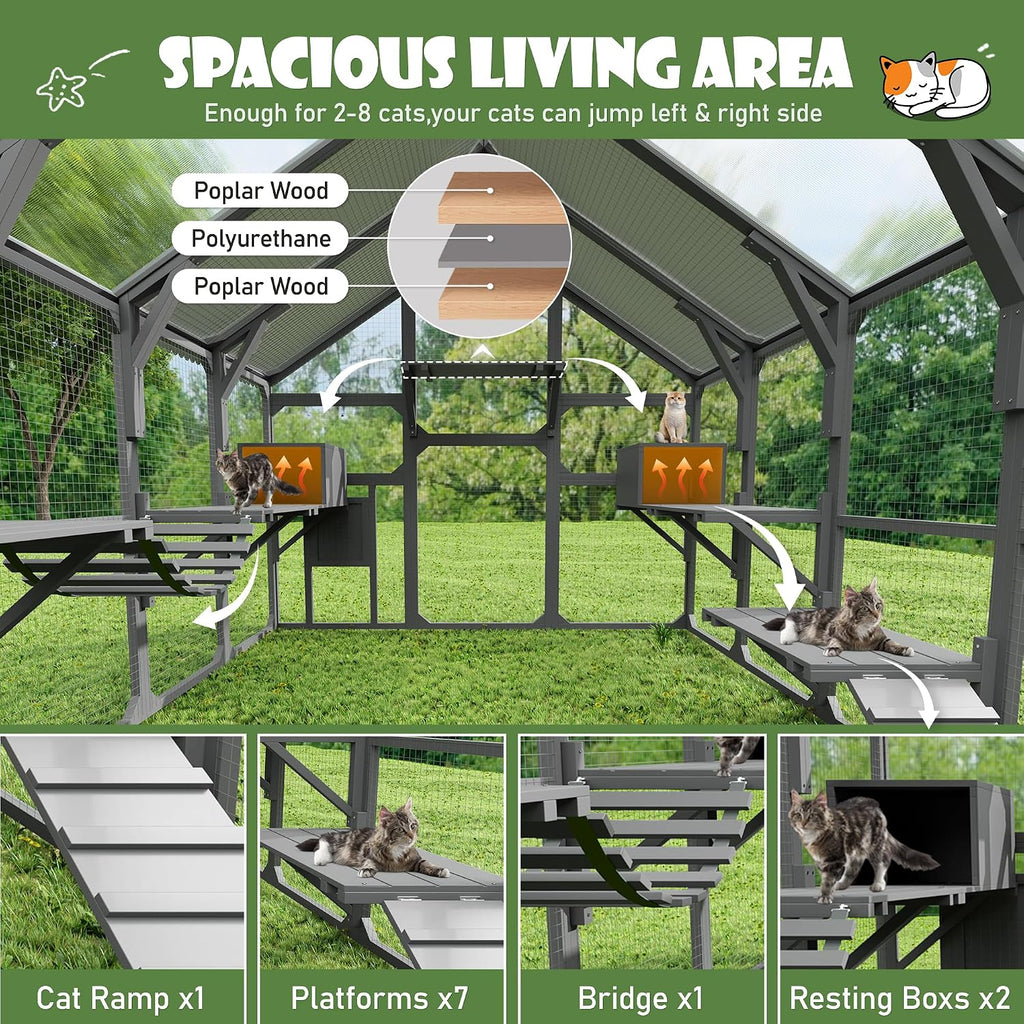 Outdoor Large Catio Cat Enclosure, Wooden Cat House with 7 Platforms, 2 Resting Boxes, 1 Bridge and 1 Ramp, Walk