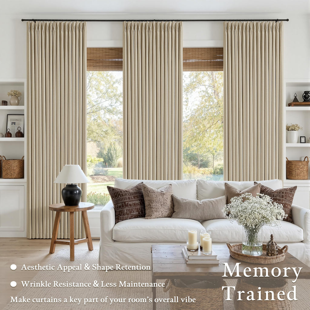 Oatmeal 120 Inch Blackout Pinch Pleated Curtains 2 Panel Set Darkening Thick Linen Textured 100% Black Out Soundproof