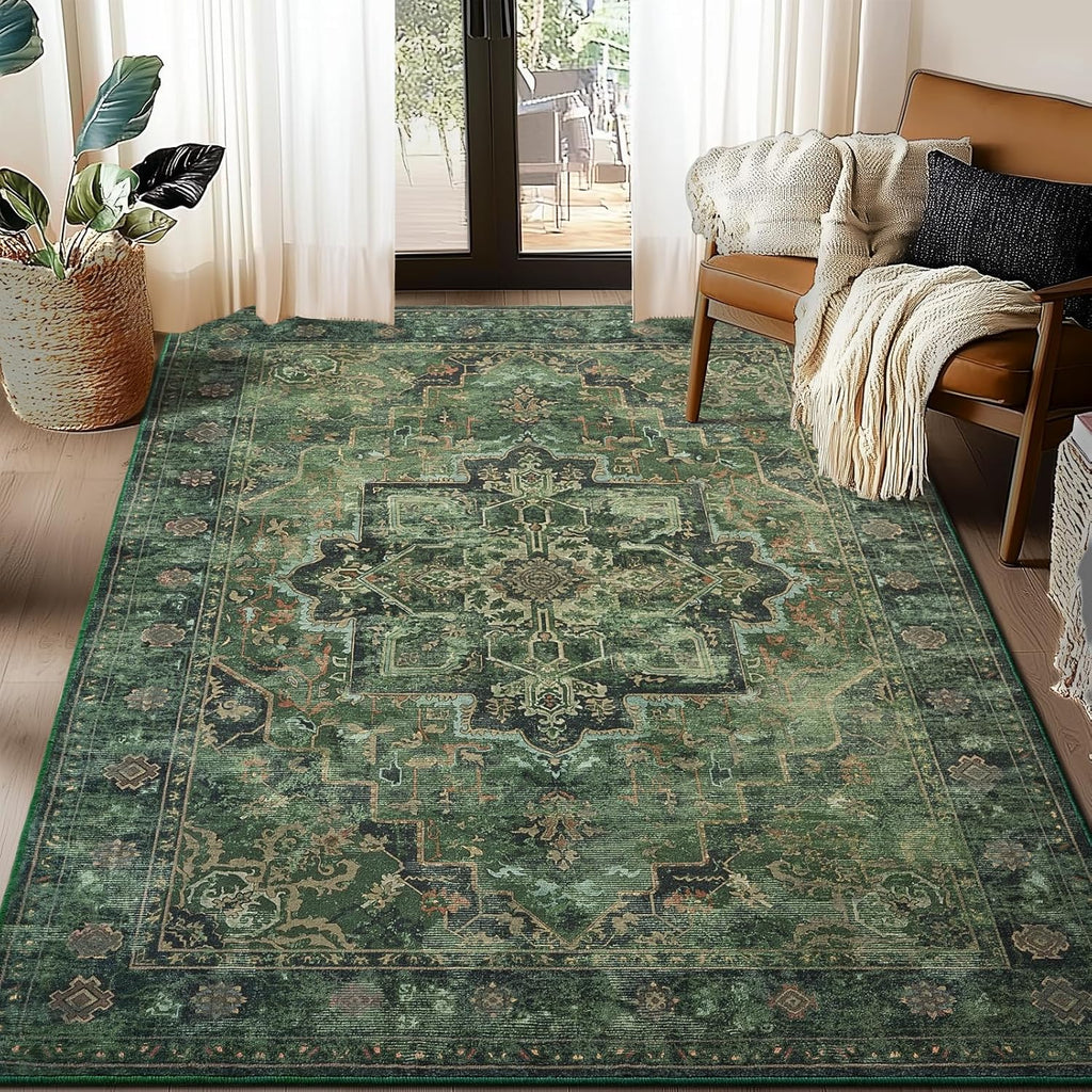 5x7 Washable Vintage Medallion Area Rug, Low Pile Non-Slip Carpet Dark Green