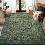 5x7 Washable Vintage Medallion Area Rug, Low Pile Non-Slip Carpet Dark Green