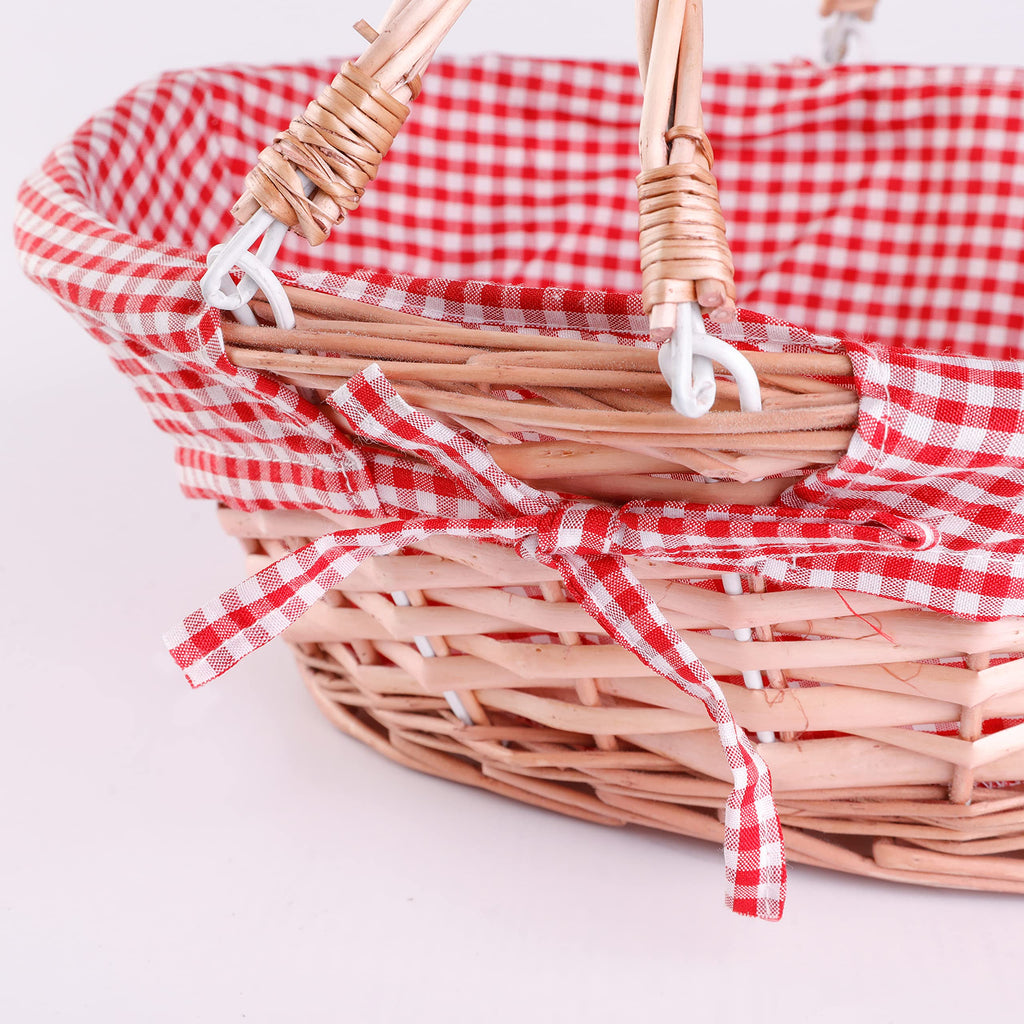 Oval Wicker Gift Basket with Double Drop Down Handles, Red Gingham Lining, Woven Picnic Basket for Gifts, Gathering