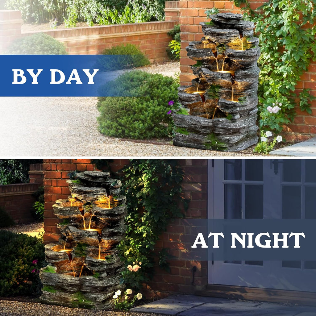7-Tiers Cascading Rock Water Fountain Outdoor