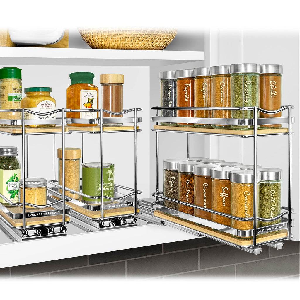 ÉliteTM Pull Out Spice Organization for Cabinets - 4-3/8 inch Wide - Spice Rack for Inside Cabinets - Wood/Chrome