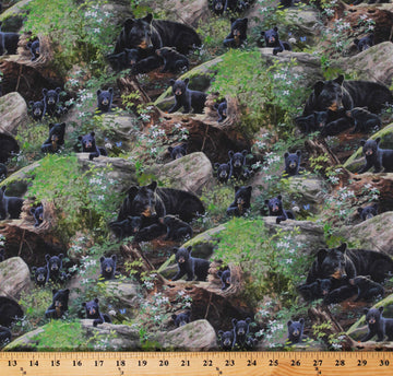 Cotton Black Bears Animals Wildlife Bear Cubs Rocks Flowers Forest Woods Tender Moments Scenic Green Cotton Fabric